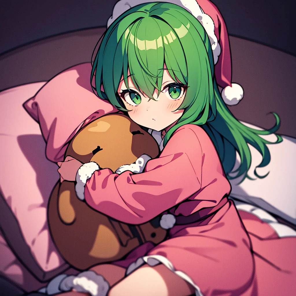 masterpiece, best quality, 1girl, little girl, child, 10 years old, kazami yuuka (pc-98), solo, green hair, long hair, pink nightcap, pink santa hat, green eyes, kazami yuuka, long sleeves, red ribbon, pink negligee, sleepy eyes, one piece clothing, touhou, pajamas, pink nightgown, fluffy hair, solo, hair over one eye, wavy hair, hugging object, pillow
