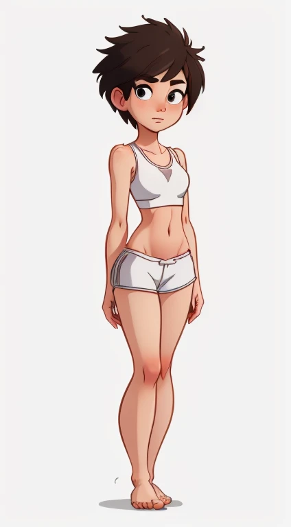 (rizdraws,p3r3zstyle,(white background),(pencil outline sketch),(low detail),(full body view),((small flat bust)),(average body),(female form),(white sports bra, white shorts),(no shoes, barefoot): 1.1), (standing facing away from viewer, back rear view) (hands held behind back) (shy)