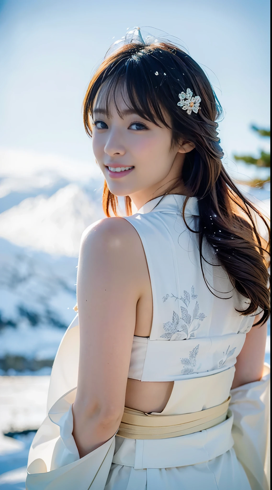 (((A beautiful woman standing in a snowy mountain at night wearing a pure white thin kimono with little exposed skin))),(((A Yuki-onna who looks great in a plain white kimono stands staring at me in the dim light of a blizzard.))),(((muste piece:1.6))),(((Ulsan-6500))),(((perfect anatomy:1.6))),(((Deep depth of field with Hasselblad))),(((sexy waist))),masterpiece,highest quality,ultra high resolution,high detailed portrait,(realistic photo:1.4),(((A tall nose and a beautiful face))),(((long limbs like a model))),The fair-skinned nape of the neck is dazzling,(((A beautiful pure white kimono that shows off the lines of your body stands out.))),pull your chin and smile,((Full body shot from the front)),20-year-old, Her long glossy chestnut hair is tied up and the nape of her neck is sexy.,((Proud F cup breasts )),(I can't get enough of my waistline),(A scene from a famous Japanese folk tale),(Look over your shoulder and raise the corners of your mouth and eyebrows and smile),detailed eyes,((Gravure photography in the falling snow of a snowy mountain forest)),((long eyelashes,Big eyes,clear double eyelids,((glossy thick lips)),(((perfect anatomy:1.4))),
