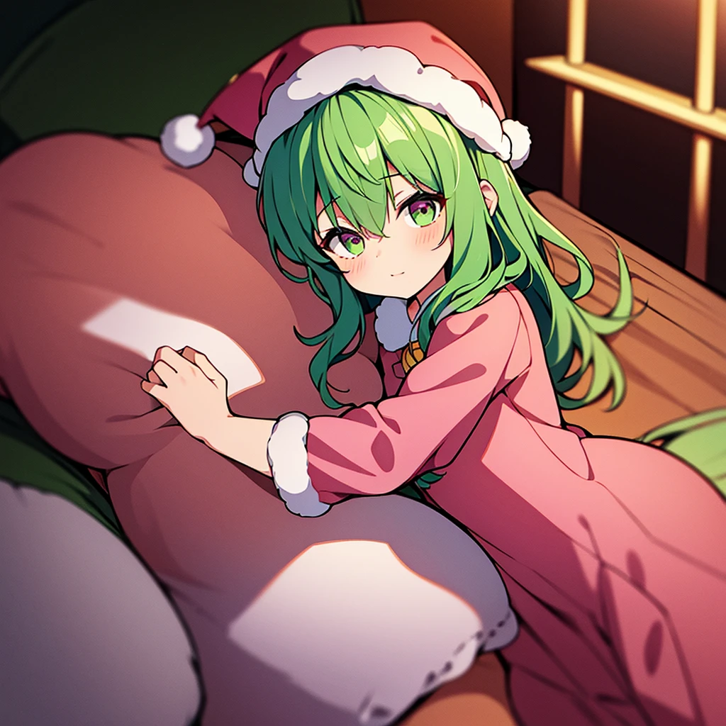 masterpiece, best quality, 1girl, little girl, child, 10 years old, kazami yuuka (pc-98), solo, green hair, long hair, pink nightcap, pink santa hat, green eyes, kazami yuuka, long sleeves, red ribbon, pink negligee, sleepy eyes, one piece clothing, touhou, pajamas, pink nightgown, fluffy hair, solo, hair over one eye, wavy hair, hugging pillow