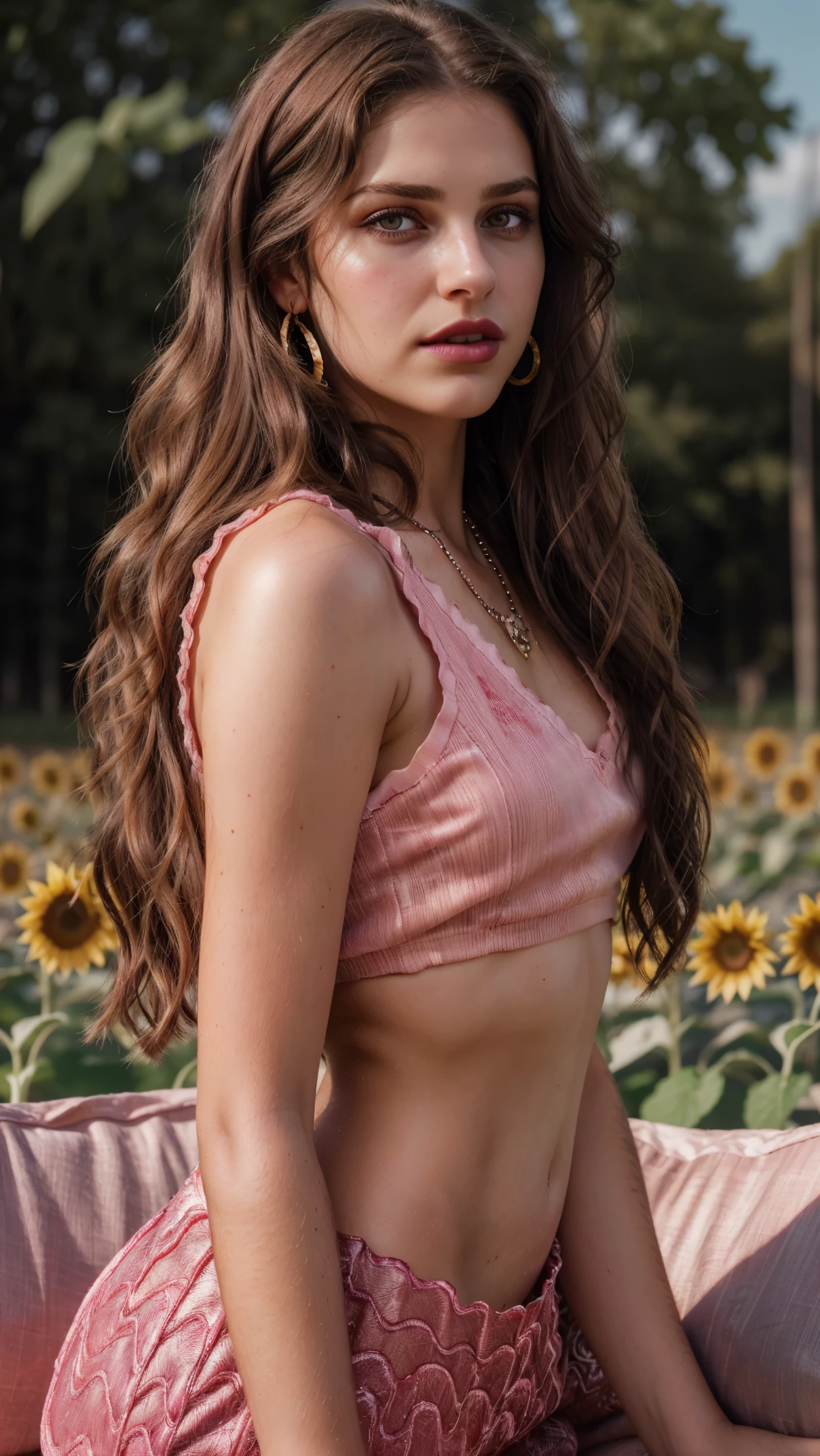 Wavy brown hair, (RAW photo, realism: 1.8), (very dark lip gloss, jet pink lipstick, many eyelashes, dark black eye shadow, shy, blushing, high quality, high resolution, depth of field, chromatic aberration, caustic, wide light, natural colors, 20 year old woman), necklaces, chokers, earrings, bracelets, wear many accessories, style A good woman,l, silk pink shirt, upper body, beautiful skin, lots of exposure, very line, looks delicious, lips that make you want to kiss, scruffy futon, sunflower farm field, golden sun in background,