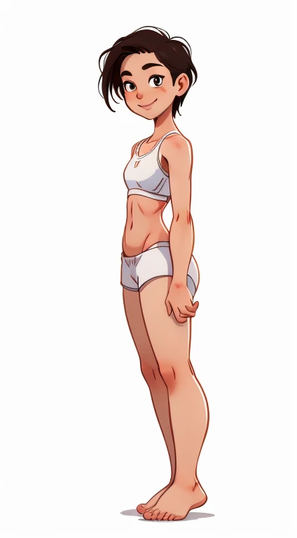 (rizdraws,p3r3zstyle,(white background),(pencil outline sketch),(low detail),(full body view),((small flat bust)),(average body),(female form),(white sports bra, white shorts),(no shoes, barefoot): 1.1), (standing (side profile: 1.2) turned side on to viewer)) (arms by side) (slight smile)