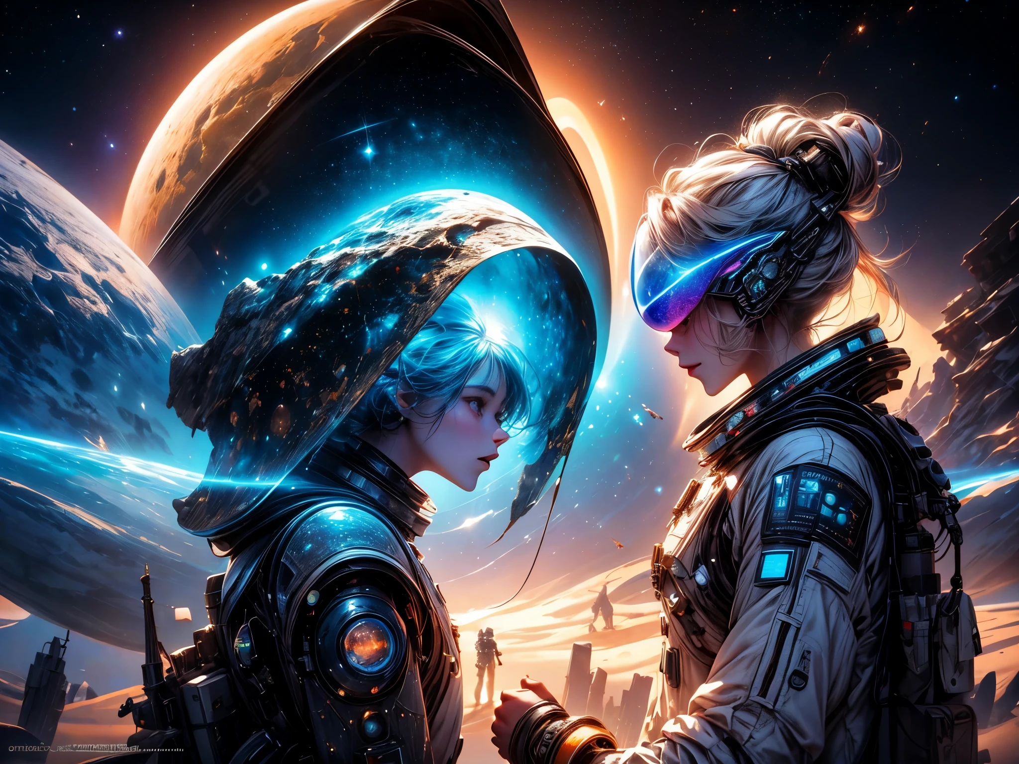 best quality,4k,8k,highres,ultra-detailed,realistic,photorealistic,sci-fi,space exploration,encounter with the unknown,girl,space suit,stars and galaxies,spaceship,amazing landscape,futuristic technology,exploring new worlds,cosmic mysteries,deep space,nebulae and supernovae,interstellar travel,alien encounter,awe-inspiring,grand spectacle,otherworldly,universe,limitless vastness,mysterious creatures,adventure,fear and excitement,unknown dimensions,unexplored territories,dark matter and energy,space-time continuum,cosmic secrets,revelations,scientific curiosity,adaptable,experienced astronaut,stepping into the unknown,unimaginable beauty,cosmic wonders,limitless possibilities,emotional journey,scientific breakthroughs,colorful cosmic palette,luminous celestial bodies,intergalactic phenomena