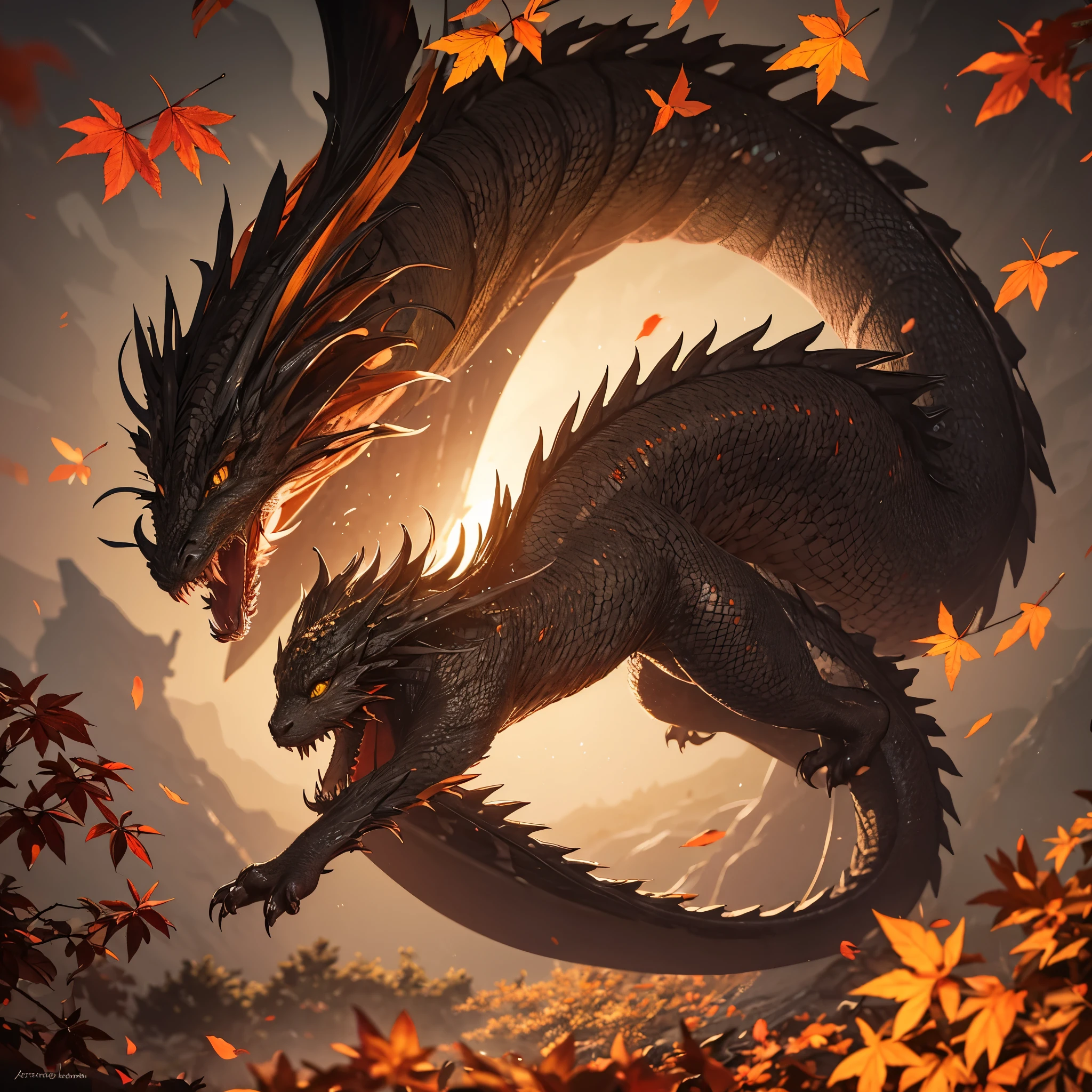 detailed,realistic): a cat sized dragon with gold and red scales stalks through a forest as autumn leaves fall, (best quality,highres,masterpiece:1.2),ultra-detailed,sharp focus,professional, [bright colors], [mystical], [dappled sunlight], [vibrant foliage], [majestic atmosphere], [charming], [ethereal mist], [sparkling eyes], [hovering wings], [sinuous movements], [whispy smoke], [magical essence], [dragon's breath], [feline agility], [playful temperament], [magnificent creature], [dancing shadows], [serene ambiance], [glimmers of light], [mysterious beauty], [enchanting presence], [regal aura], [captivating gaze], [lush foliage], [golden treasures], [intricate scales], [dramatic contrast], [mesmerizing grace], [delicate details], [stunning composition], [alluring mythical being]