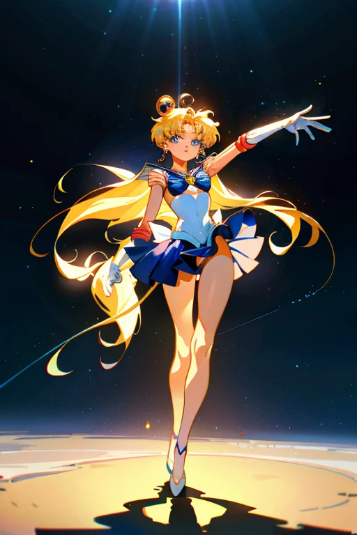 (Extreme Detail CG Unity 8K Wallpaper, masterpiece, highest quality), (exquisite light and shadow, very dramatic picture, cinematic lens effects), (sailor moon: 1.1), cute smile, double tail, blue eyes, blonde, tight top, white gloves, mini skirt, dynamic pose), The background is space (excellent details, excellent lighting, wide angle), (excellent rendering, Enough to stand out in its class),exposed,super tiny string bikini,small breasts,exposed,super tiny string bikini,exposed,Completely naked