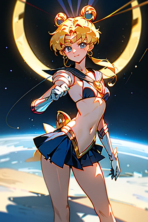 (Extreme Detail CG Unity 8K Wallpaper, masterpiece, highest quality), (exquisite light and shadow, very dramatic picture, cinematic lens effects), (sailor moon: 1.1), cute smile, double tail, blue eyes, blonde, tight top, white gloves, mini skirt, dynamic pose), The background is space (excellent details, excellent lighting, wide angle), (excellent rendering, Enough to stand out in its class),exposed,super tiny string bikini,small breasts,exposed,super tiny string bikini,exposed,Completely naked