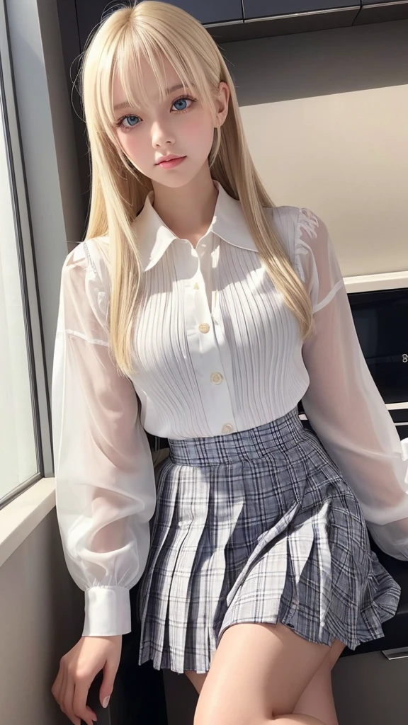 Portrait、uniform correct expression、blonde ponytail、Young, shiny, white, glossy skin、Best Looklonde Reflection Light、Platinum blonde hair with dazzling highlights、shiny bright hair,、super long silky straight hair、Shining beautiful bangs、Sparkling clear and charming big blue eyes、very beautiful lovely cute 18 year old girl、rich bust、beautiful white blouse、with slit、((I can see the whole body))、pretty face、Clothes look cramped in the chest、lob hair、loose perm、Sheer pleated skirt with lots of checked pleats、