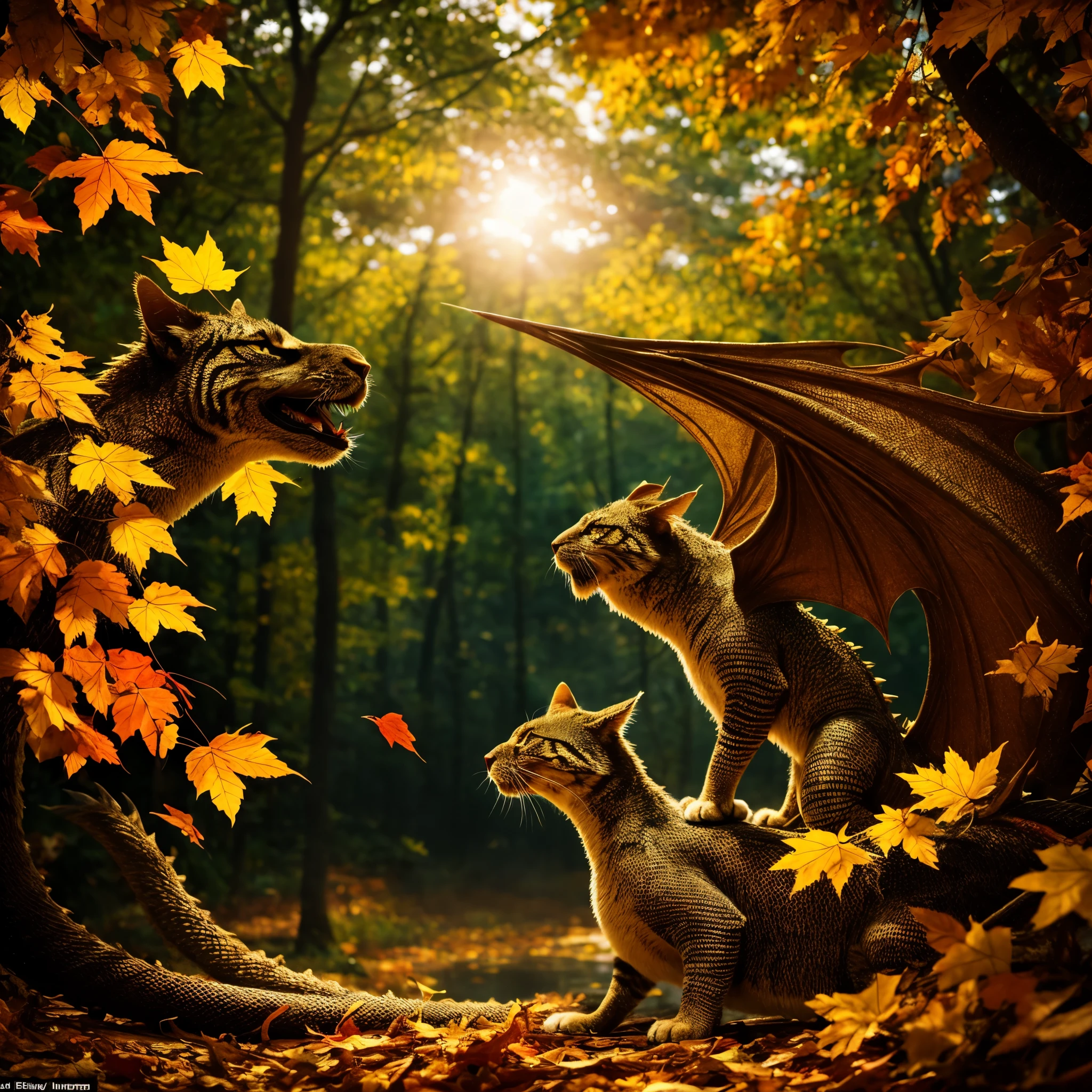 (detailed,realistic): a cat sized dragon with gold and red scales stalks through a forest as autumn leaves fall, (best quality,highres,masterpiece:1.2),ultra-detailed,sharp focus,professional, [bright colors], [mystical], [dappled sunlight], [vibrant foliage], [majestic atmosphere], [charming], [ethereal mist], [sparkling eyes], [hovering wings], [sinuous movements], [whispy smoke], [magical essence], [dragon's breath], [feline agility], [playful temperament], [magnificent creature], [dancing shadows], [serene ambiance], [glimmers of light], [mysterious beauty], [enchanting presence], [regal aura], [captivating gaze], [lush foliage], [golden treasures], [intricate scales], [dramatic contrast], [mesmerizing grace], [delicate details], [stunning composition], [alluring mythical being]