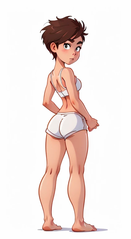 (rizdraws,p3r3zstyle,(white background),(pencil outline sketch),(low detail),(full body view),((small flat bust)),(average body),(female form),(white sports bra, white shorts),(no shoes, barefoot): 1.1), (standing (rear profile: 1.2) (facing away from viewer: 1.2), back rear view)