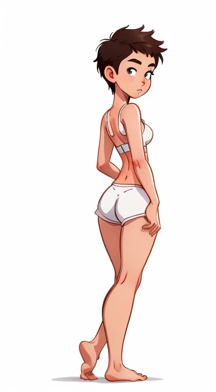 (rizdraws,p3r3zstyle,(white background),(pencil outline sketch),(low detail),(full body view),((small flat bust)),(average body),(female form),(white sports bra, white shorts),(no shoes, barefoot): 1.1), (standing (rear profile: 1.2) (facing away from viewer: 1.2), back rear view)