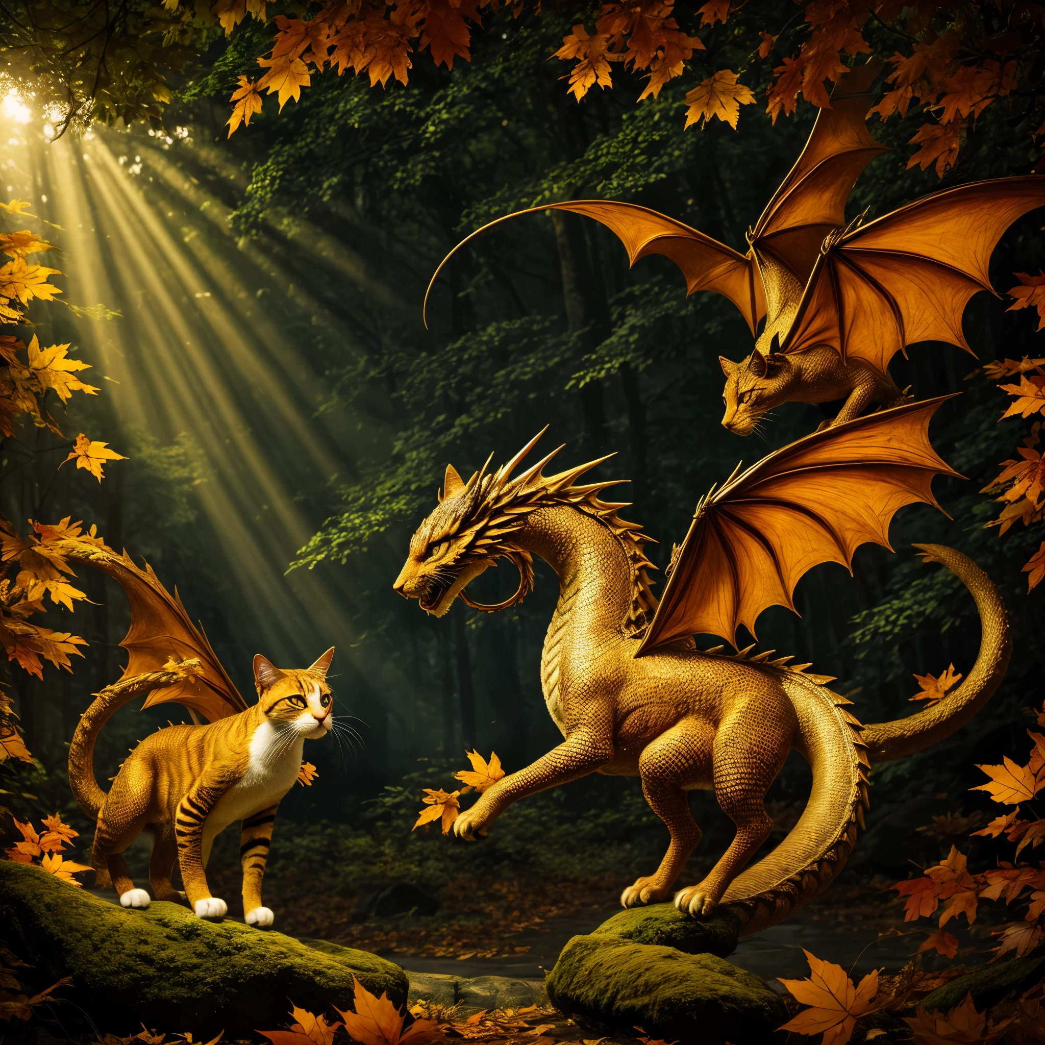(detailed,realistic): a cat sized dragon with gold and red scales stalks through a forest as autumn leaves fall, (best quality,highres,masterpiece:1.2),ultra-detailed,sharp focus,professional, [bright colors], [mystical], [dappled sunlight], [vibrant foliage], [majestic atmosphere], [charming], [ethereal mist], [sparkling eyes], [hovering wings], [sinuous movements], [whispy smoke], [magical essence], [dragon's breath], [feline agility], [playful temperament], [magnificent creature], [dancing shadows], [serene ambiance], [glimmers of light], [mysterious beauty], [enchanting presence], [regal aura], [captivating gaze], [lush foliage], [golden treasures], [intricate scales], [dramatic contrast], [mesmerizing grace], [delicate details], [stunning composition], [alluring mythical being]