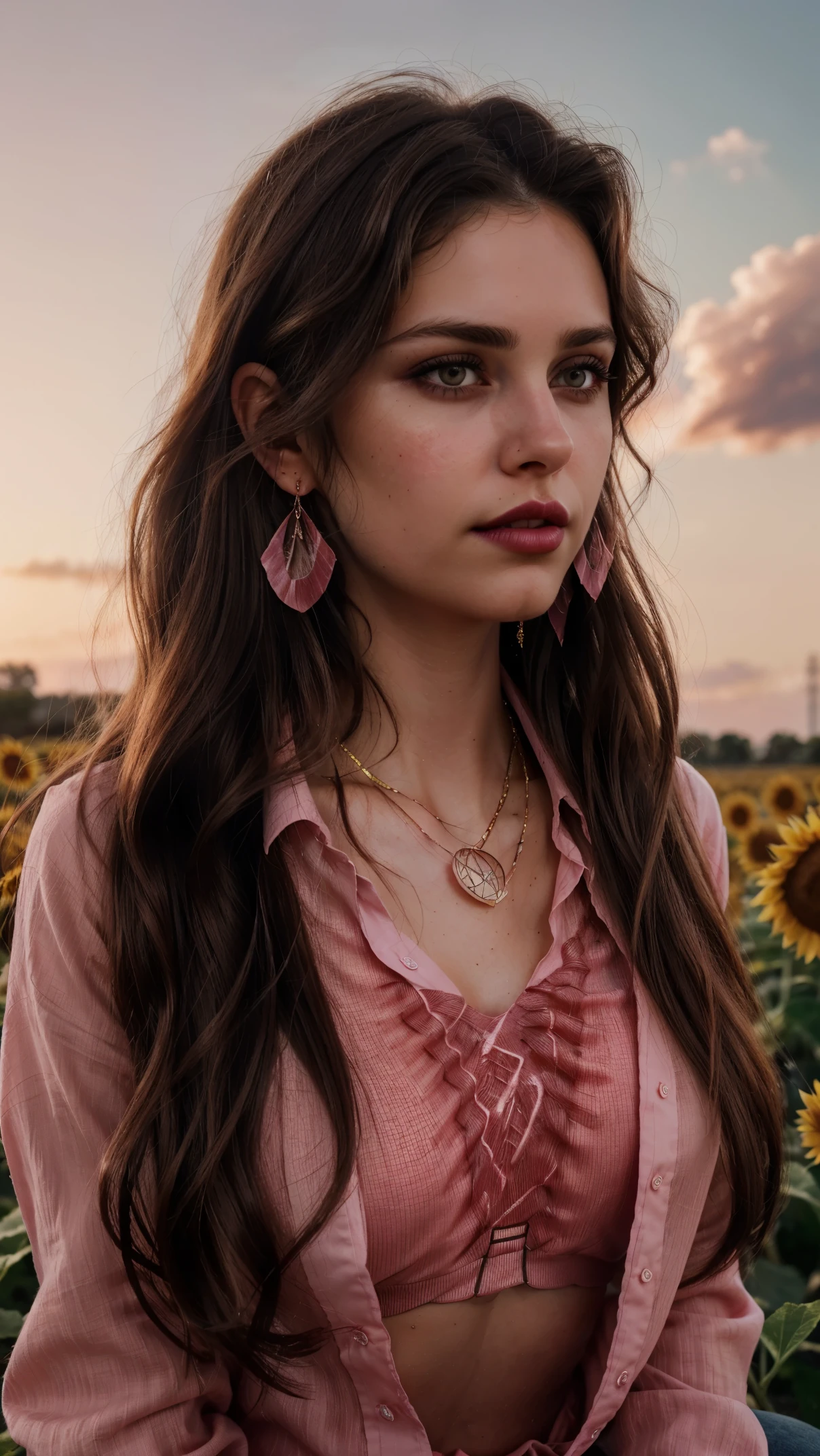 Wavy brown hair, (RAW photo, realism: 1.8), (very dark lip gloss, jet pink lipstick, many eyelashes, dark black eye shadow, shy, blushing, high quality, high resolution, depth of field, chromatic aberration, caustic, wide light, natural colors, 20 year old woman), necklaces, chokers, earrings, bracelets, wear many accessories, style A good woman,l, silk pink shirt, upper body, beautiful skin, lots of exposure, very  line, looks delicious, lips that make you want to kiss, scruffy futon, sunflower farm field, golden sun in background, 