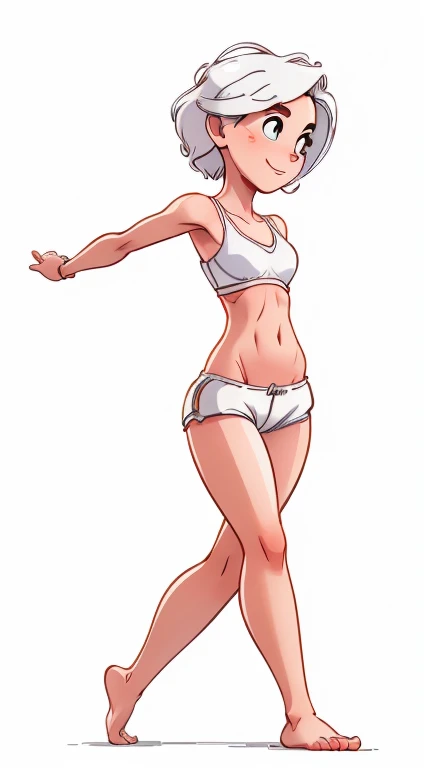 (rizdraws,p3r3zstyle,(white background),(pencil outline sketch),(low detail),(full body view),((small flat bust)),(average body),(female form),(white sports bra, white shorts),(no shoes, barefoot): 1.1), (standing (side profile: 1.2) (running) side on to viewer)) (arms by side) (slight smile)