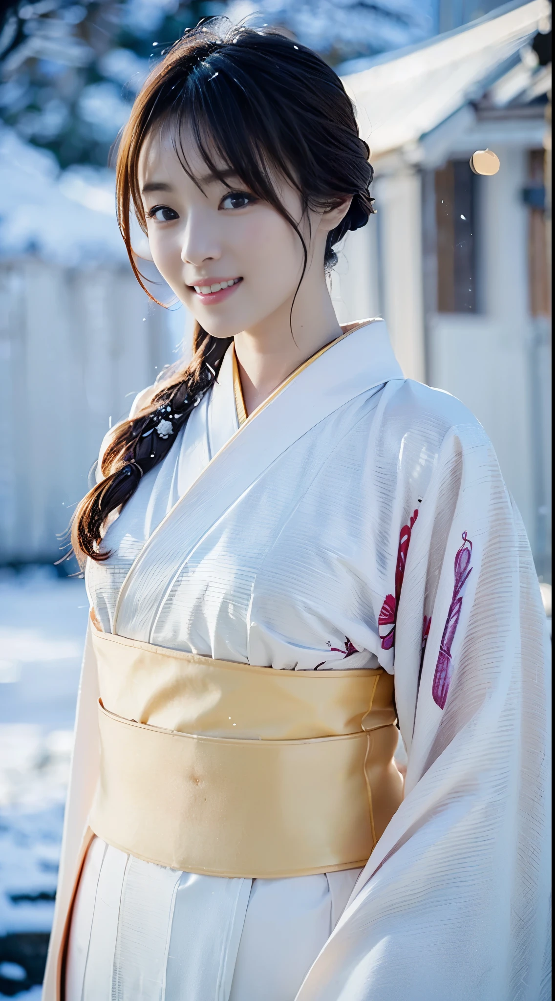 (((A beautiful woman standing in a dark mountain in the middle of the night wearing a pure white thin kimono with little exposed skin))),(((A Yuki-onna, who looks great in a pure white kimono, stands staring at me from a distance in the darkness of a blizzard so thick that she can't see in front of her.))),(((muste piece:1.6))),(((Ulsan-6500))),(((perfect anatomy:1.6))),(((Deep depth of field with Hasselblad))),(((sexy waist))),masterpiece,highest quality,ultra high resolution,high detailed portrait,(realistic photo:1.4),(((A tall nose and a beautiful face))),(((long limbs like a model))),The fair-skinned nape of the neck is dazzling,(((A beautiful pure white kimono that shows off the lines of your body stands out.))),pull your chin and smile,((Full body shot from the front)),20-year-old, Her long glossy chestnut hair is tied up and the nape of her neck is sexy.,((Proud F cup breasts )),(I can't get enough of my waistline),(A scene from a famous Japanese folk tale),(Look over your shoulder and raise the corners of your mouth and eyebrows and smile),detailed eyes,((Gravure photography in the falling snow of a snowy mountain forest)),((long eyelashes,Big eyes,clear double eyelids,((glossy thick lips)),(((perfect anatomy:1.4))),