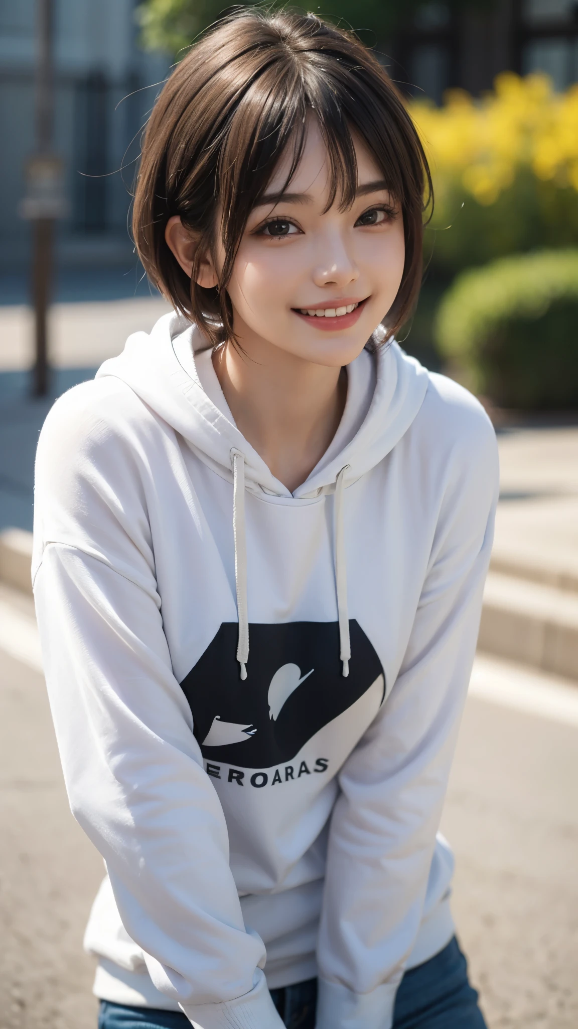 best quality, muste piece, ultra high resolution, (It&#39;s photorealistic:1.4), Raw photo, 1 girl, K deｰPOP idol, short hair, slender body,Larger hoodie,detailed eyes,(realistic eyes),delicate face,realsK dein,detailed hair,Detailed sK dein,pretty face,((smiling))、((Laughter))、((You look happy, smile)),