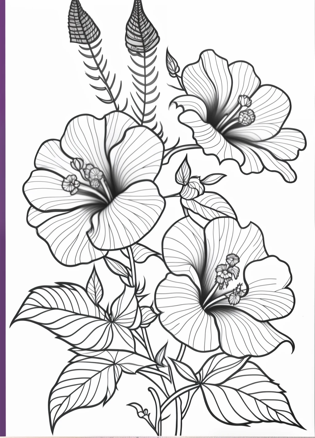 a drawing of a flower with leaves and flowers on it, line art, detailed flowers, flowers with intricate detail, colouring pages, line art colouring page, coloring pages, colouring page, black and white coloring, outline drawing, coloring book page, coloring book outline, outline art, black and white color only, perfect pen and ink line art, hibiscus flowers