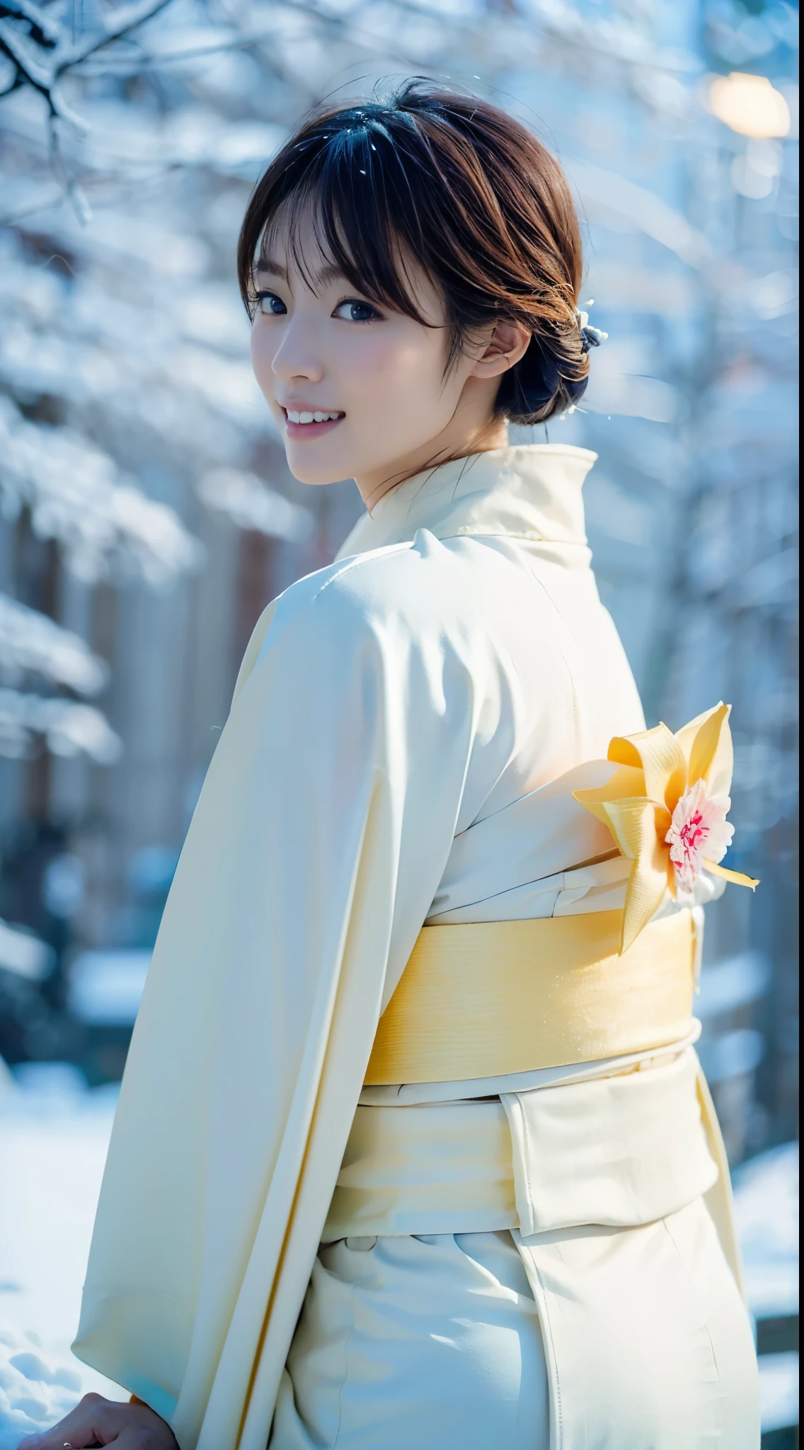 (((A beautiful woman crouching on a dark mountain in a pure white thin kimono with little exposed skin in the middle of the night))),(((A Yuki-onna, who looks great in a pure white kimono, is sitting staring at me from a distance in the darkness of a blizzard so dark that she can't see anything in front of her.))),(((muste piece:1.6))),(((Ulsan-6500))),(((perfect anatomy:1.6))),(((Deep depth of field with Hasselblad))),(((sexy waist))),masterpiece,highest quality,ultra high resolution,high detailed portrait,(realistic photo:1.4),(((A tall nose and a beautiful face))),(((long limbs like a model))),The fair-skinned nape of the neck is dazzling,(((A beautiful pure white kimono that shows off the lines of your body stands out.))),pull your chin and smile,((Full body shot from behind)),20-year-old, Her long glossy chestnut hair is tied up and the nape of her neck is sexy.,((Proud F cup breasts )),(I can't get enough of my waistline),(A scene from a famous Japanese folk tale),(Look over your shoulder and raise the corners of your mouth and eyebrows and smile),detailed eyes,((Gravure photography in the falling snow of a snowy mountain forest)),((long eyelashes,Big eyes,clear double eyelids,((glossy thick lips)),(((perfect anatomy:1.4))),