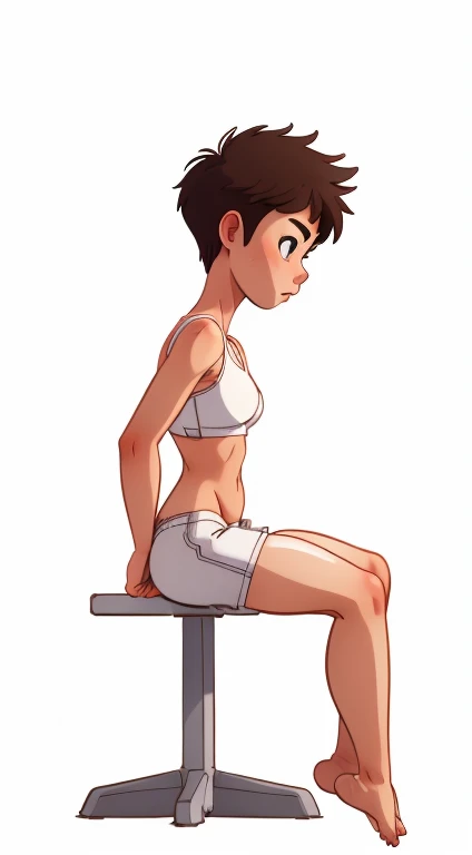 (rizdraws,p3r3zstyle,(white background),(pencil outline sketch),(low detail),(full body view),((small flat bust)),(average body),(female form),(white sports bra, white shorts),(no shoes, barefoot): 1.1), (sitting (front profile: 1.2)) (focussed expression)