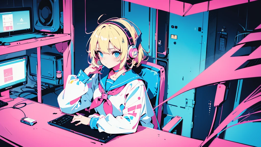 (1 girl, blonde hair, blue eyes, sailor suit, headphone, sitting in a chair, kawaii), (pink cyberpunk, room with big monitors, pink neon), (low contrast, flat color, limited palette)