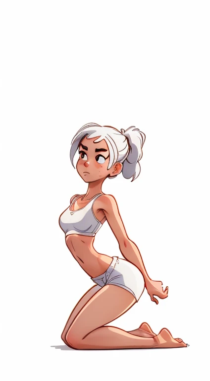 (rizdraws,p3r3zstyle,(white background),(pencil outline sketch),(low detail),(full body view),((small flat bust)),(average body),(female form),(white sports bra, white shorts),(no shoes, barefoot): 1.1), (standing (side profile: 1.2) (kneeling) looking at ground)) (arms by side) (frown)