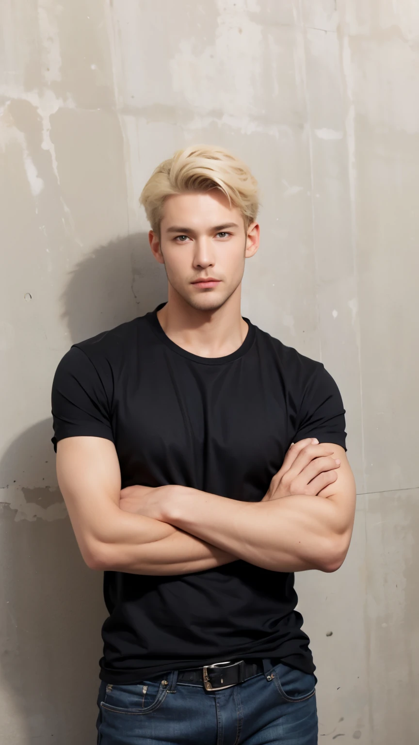 realistic, super detailed, 1 man, black t-shirt, jeans, blonde hair, realistic, super detail