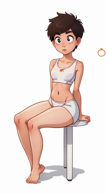 (rizdraws,p3r3zstyle,(white background),(pencil outline sketch),(low detail),(full body view),((small flat bust)),(average body),(female form),(white sports bra, white shorts),(no shoes, barefoot): 1.1), (sitting (front towards viewer: 1.2)) (focussed expression)