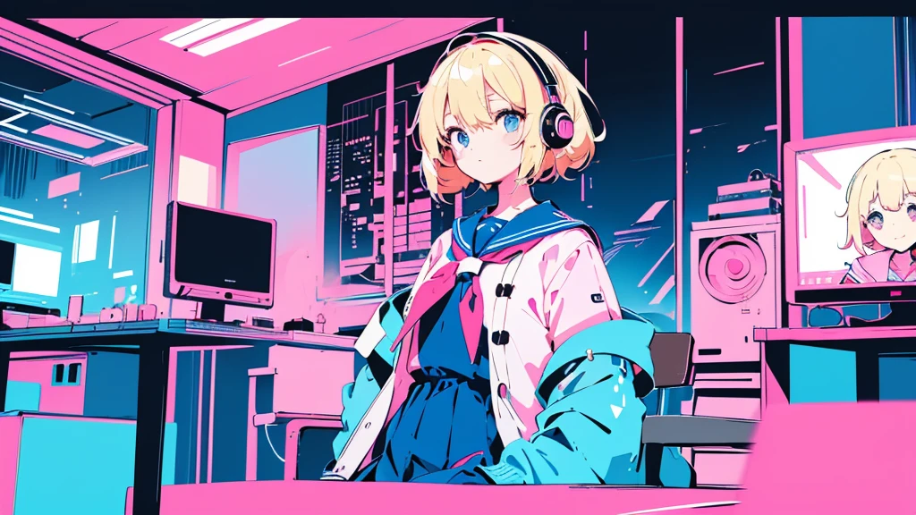 (1 girl, blonde hair, blue eyes, sailor suit, headphone, sitting in a chair, kawaii), (pink cyberpunk, room with big monitors, pink neon), (low contrast, flat color, limited palette)