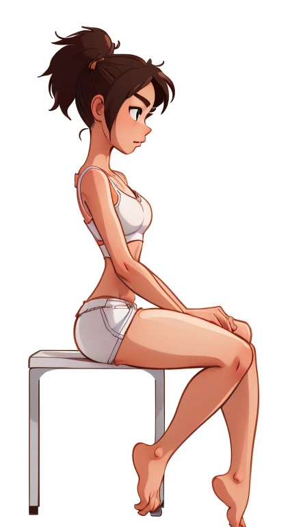 (rizdraws,p3r3zstyle,(white background),(pencil outline sketch),(low detail),(full body view),((small flat bust)),(average body),(female form),(white sports bra, white shorts),(no shoes, barefoot): 1.1), (sitting (side profile: 1.2) legs crossed) (focussed expression)