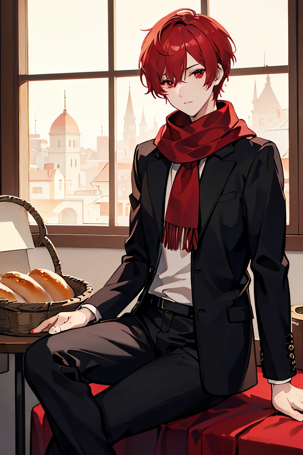 male red short hair red eyes Scarf Sweaters slacks baker Buy bread handsome man Knee-high boots masterpiece Highest image quality noise removal clear parts cinematic shadow Increased attractiveness of the eyes clear parts the shine of the eyes Draw eyelashes neatly perfect eyes detailed eyes Sharpen image quality Sharpen eye writing clear parts eye shape