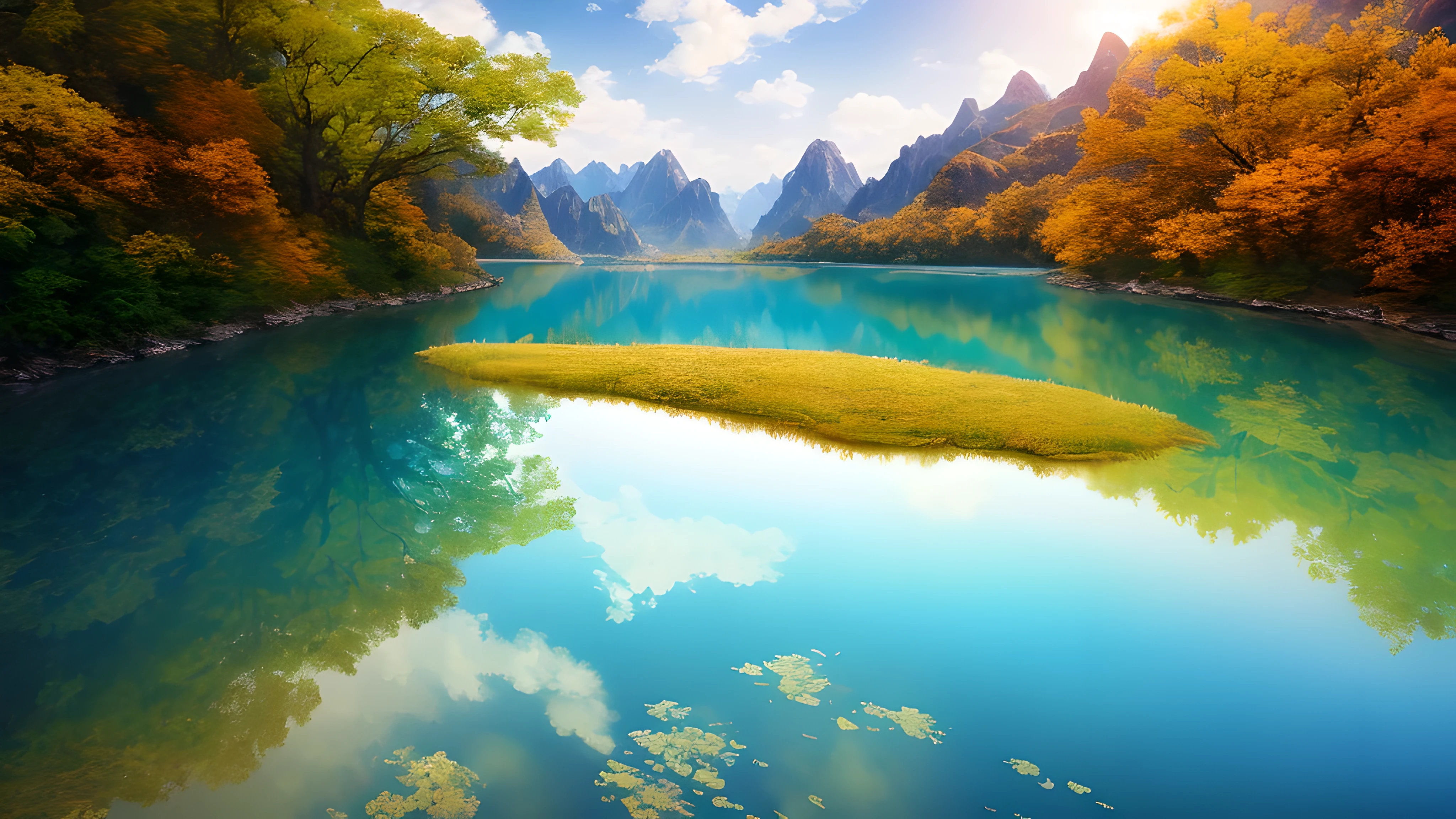 masterpiece, quality, high quality, Highly detailed CG unified 8k wallpaper, landscape, outdoor, Sky, cloud, sun, nobody, mountains, landscape, water, trees, blue sky, waterfalls, cliff, nature, lake, river , 多cloud的Sky, Award-winning photography, Bokeh, depth of field, high dynamic range, bloom, Color difference, lifelike, Very detailed, Art Station Trend, CG trends, complicated, high detail, dramatic, On the road of art