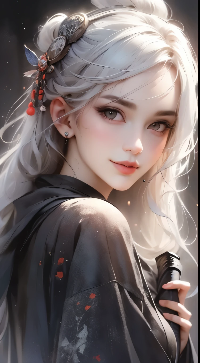 Optimal image quality, character face focus, soft light source, shallow depth of field, ultra-high resolution, realistic art style, RAW photos, imaginary portraits, frontal shots, Japanese cute girl, solo performance, holding a sword, surrounded by white dragons, smiling shyly, brown eyes, beautiful face, medium length straight hair. Walk in the abyss.