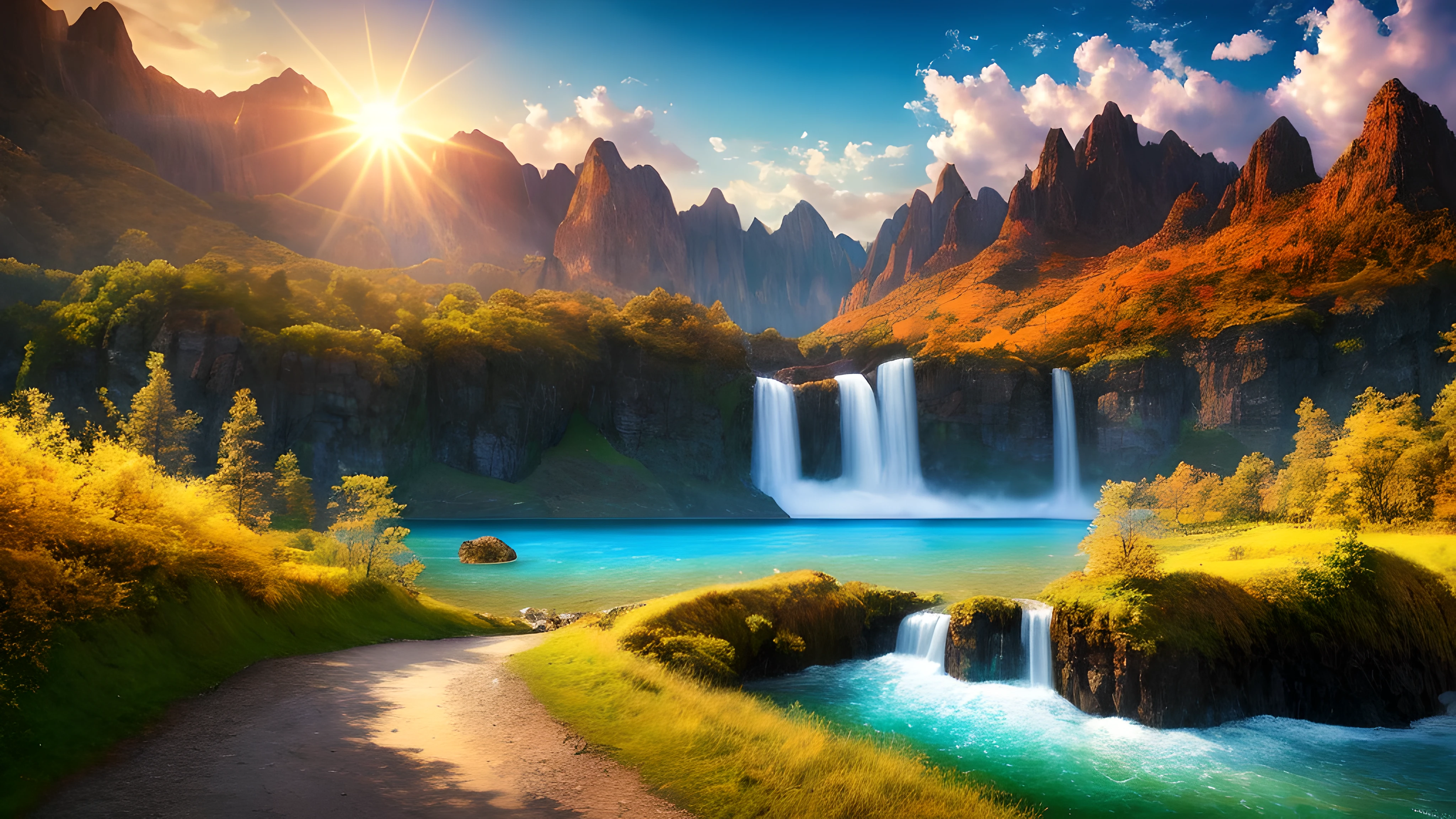 masterpiece, quality, high quality, Highly detailed CG unified 8k wallpaper, landscape, outdoor, Sky, cloud, sun, nobody, mountains, landscape, water, trees, blue sky, waterfalls, cliff, nature, lake, river , 多cloud的Sky, Award-winning photography, Bokeh, depth of field, high dynamic range, bloom, Color difference, lifelike, Very detailed, Art Station Trend, CG trends, complicated, high detail, dramatic, On the road of art