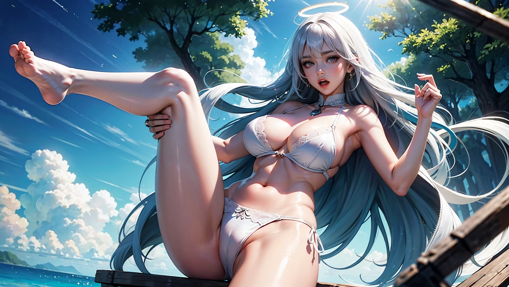 best quality,Super detailed,high resolution,navel,bikini,Put your hands on your chest,halo,full body lesbian,big golden eyes,Raised sexy,8K,,Beth,On the beach,lace up pantyhose,open mouth,open your legs,可爱的Big breasts鼻子,可爱的Big breasts,The mouth is relatively large,The legs are relatively long,Big breasts,The eyes are relatively large,long white hair,The eyeballs are relatively large,sparkle in eyes,Naked foot,The nose is relatively large,white hair,no shoeeautiful,bikini,in the forest,Leg length,可爱的Big breasts脸,,
