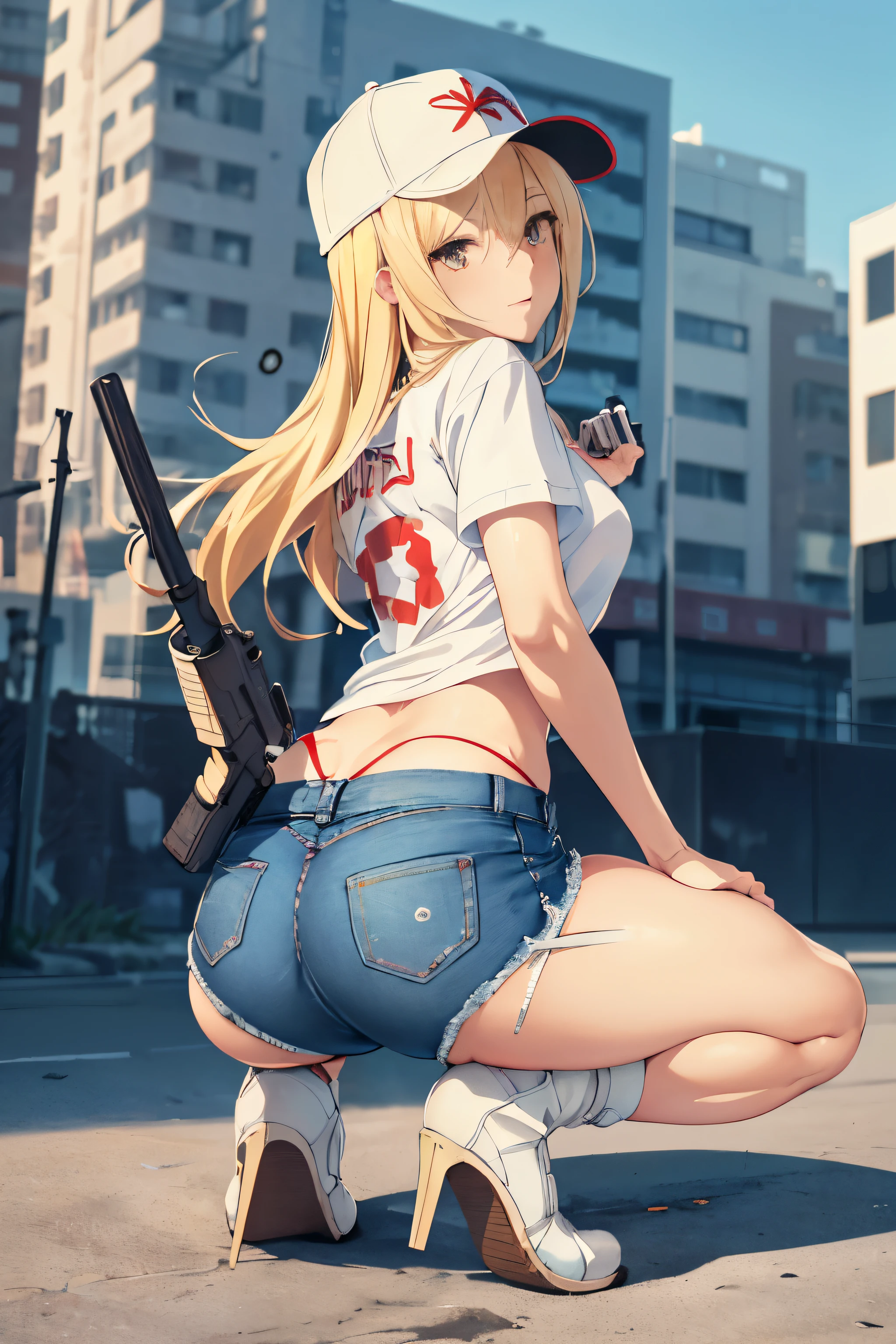 Close-up of a woman wearing a white T-shirt and micro denim hot pants and holding a gun, blonde long hair, baseball cap, small details. female action anime girl, Anime full body illustration, urban combat zone, (from behind), gun action, big ass, ((wedge pants)), get down on one knee