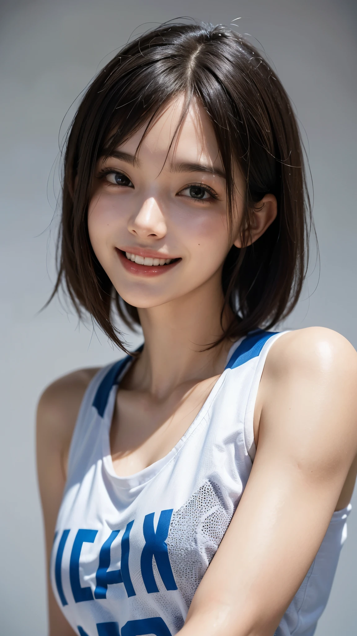 best quality, muste piece, ultra high resolution, (It&#39;s photorealistic:1.4), Raw photo, 1 girl, K deｰPOP idol, short hair, slender body,adidas jersey,running,detailed eyes,(realistic eyes),delicate face,realsK dein,detailed hair,Detailed sK dein,pretty face,((smiling))、((Laughter))、((You look happy, smile)),