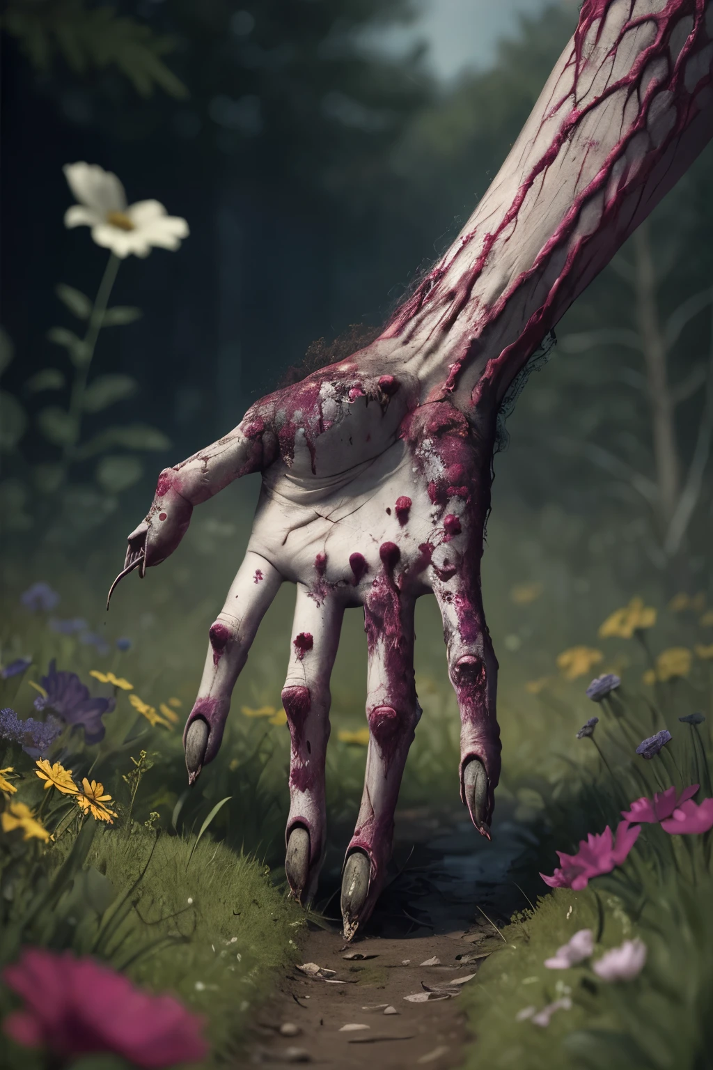 A zombie, drawn to the vibrant colors of a forgotten flower garden, reaches out with a decaying hand, captivated by the fleeting beauty before them.