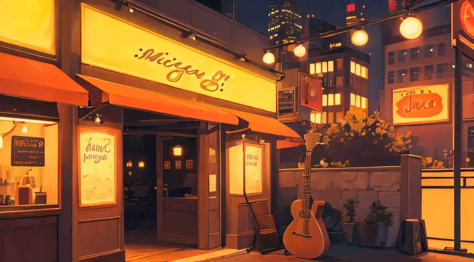 night, jazz bar, unmanned, acoustic guitar, high res, ultrasharp, 8k, masterpiece