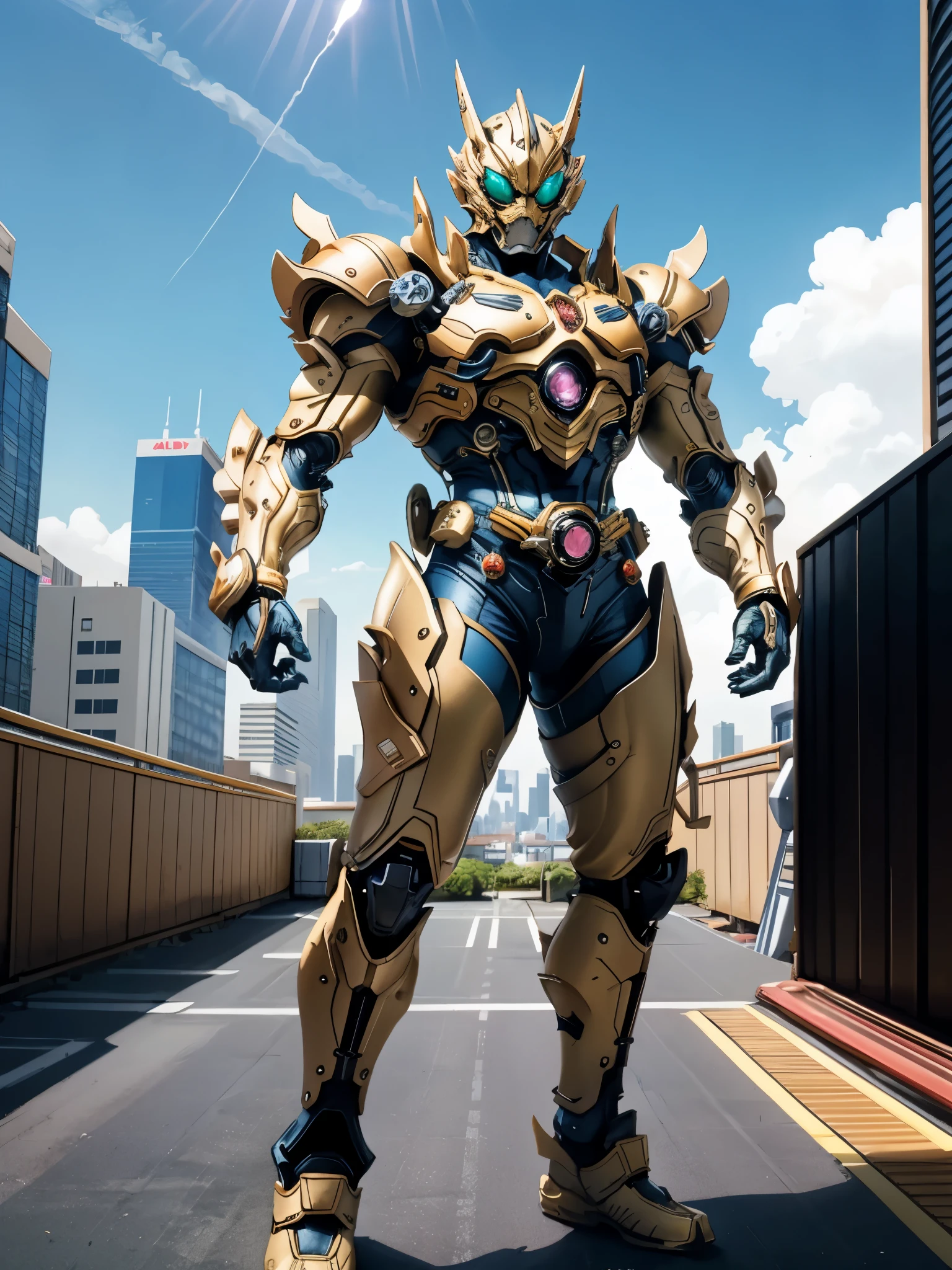 A super a high-tech biotech battle suit, standing on a rooftop, looking over the city, Japanese tokusatsu and American comic style, biometallic texture of the suit, sleek and shiny, dynamic, fast, natural light, cinematic, high quality, high resolution, high detail, sophisticated design, dramatic, high definition, ultra-detailed, ultra-fine painting, extremely delicate, creativity, Natural light, cinematic lighting, best shadow, masterpiece-anatomy-perfect