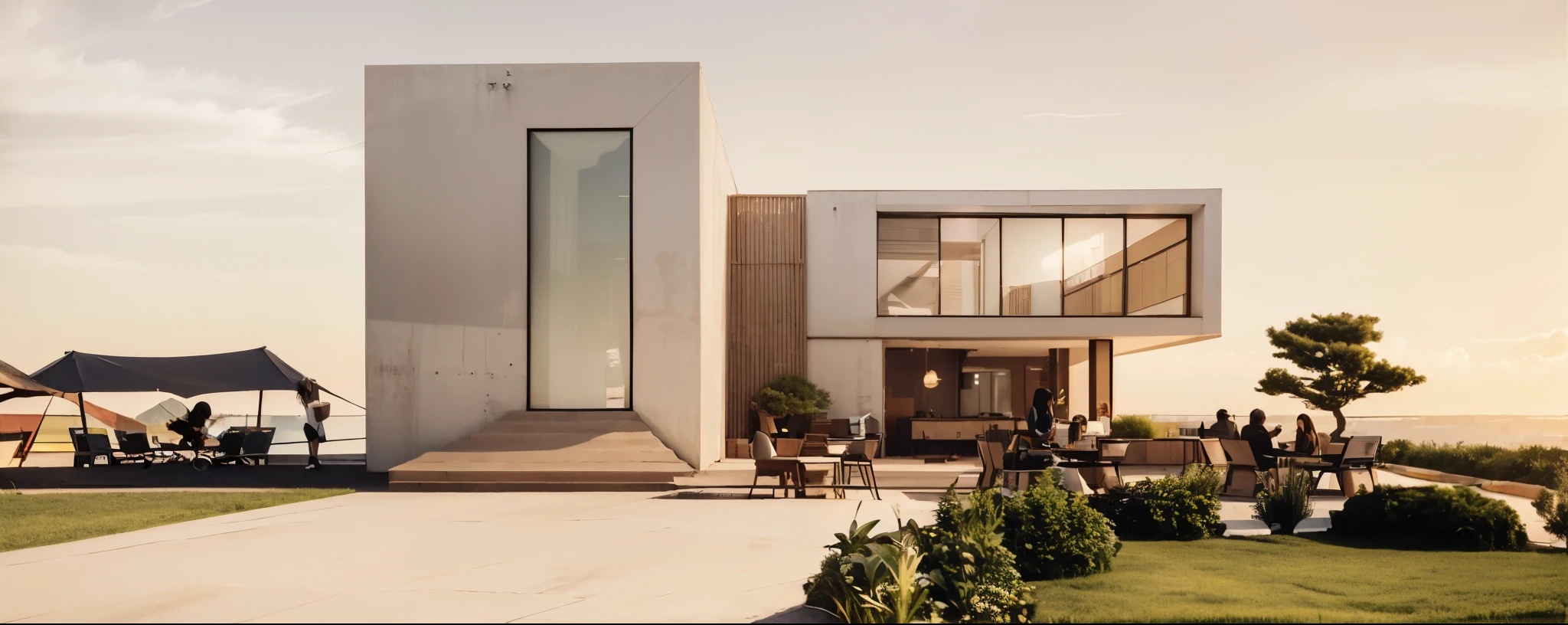 (((masterpiece))),((best quality)),屡获殊荣的building appearance设计，dusk，（at dusk：1.2），building appearance，（（coffee shop）），coffee shop,commercial cafe，Glass,cementitious , concrete floor，aluminum，asphalt road，（grassland：1.2）, Lively and warm atmosphere，light，（（dusk渲染）），Ray tracing, The content is very detailed，Surreal，Super real