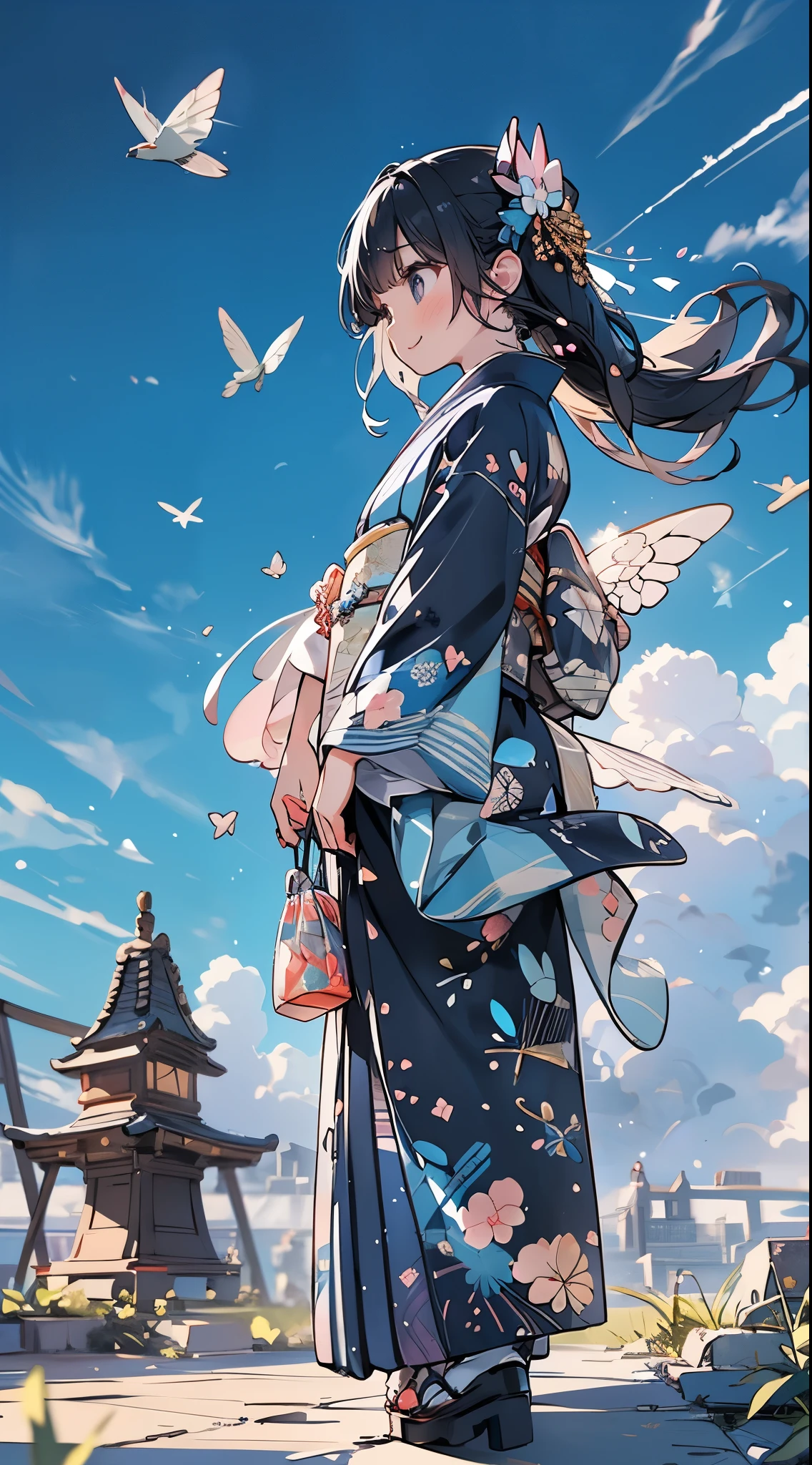 A cloudless blue sky day,The overall theme is navy blue.,angle from below,nice smile１girl,facing forward,Luxury black, white and blue kimono,Haori and kimono fluttering in the wind,I&#39;m praying with my hands on my chest that this year will be a good year too.,praying pose,long hair fluttering in the wind,delicate makeup,short bangs,Wearing sparkling aquamarine accessories,可愛いgirl,luxurious hairpin,first visit of the year to a shrine,delicate makeup,colored contact lenses,short bangs,Sparkly glitter