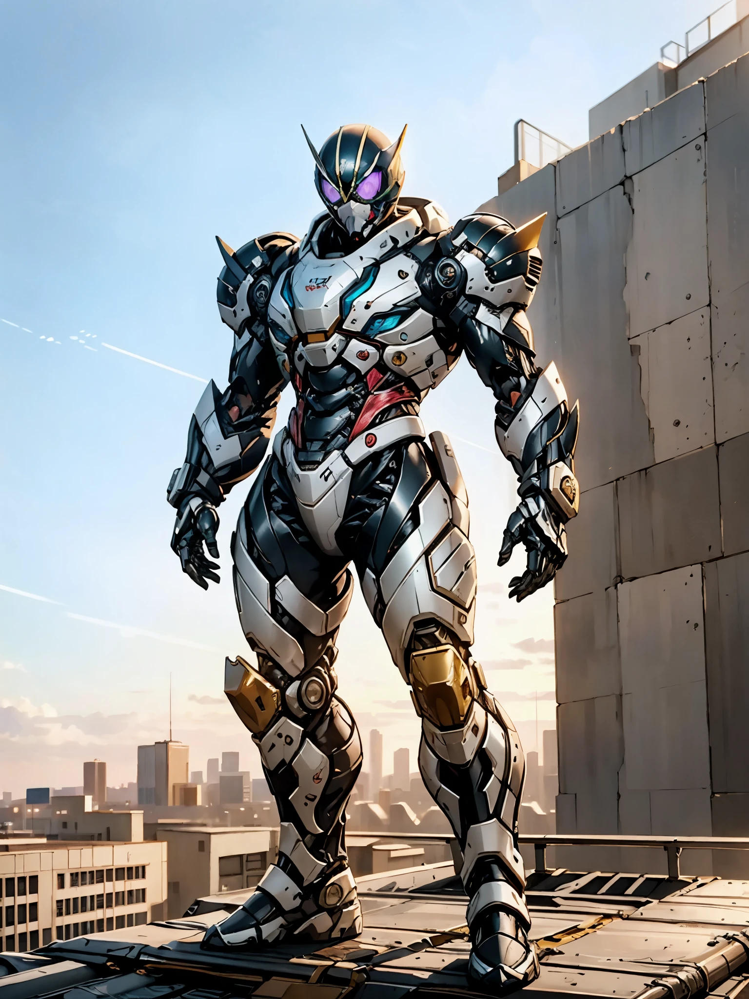 A super a high-tech biotech battle suit, standing on a rooftop, looking over the city, Japanese tokusatsu and American comic style, biometallic texture of the suit, sleek and shiny, dynamic, fast, natural light, cinematic, high quality, high resolution, high detail, sophisticated design, dramatic, high definition, ultra-detailed, ultra-fine painting, extremely delicate, creativity, Natural light, cinematic lighting, best shadow, masterpiece-anatomy-perfect