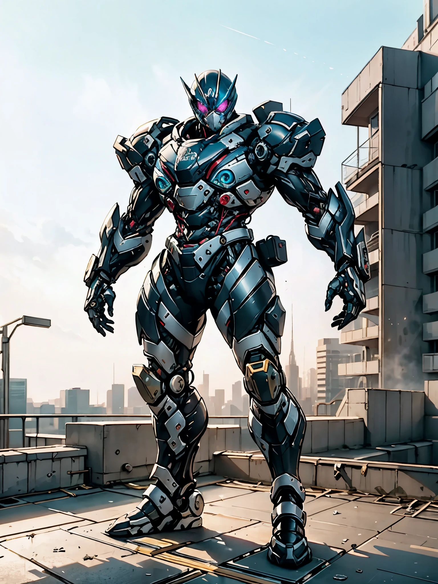 A super a high-tech biotech battle suit, standing on a rooftop, looking over the city, Japanese tokusatsu and American comic style, biometallic texture of the suit, sleek and shiny, dynamic, fast, natural light, cinematic, high quality, high resolution, high detail, sophisticated design, dramatic, high definition, ultra-detailed, ultra-fine painting, extremely delicate, creativity, Natural light, cinematic lighting, best shadow, masterpiece-anatomy-perfect