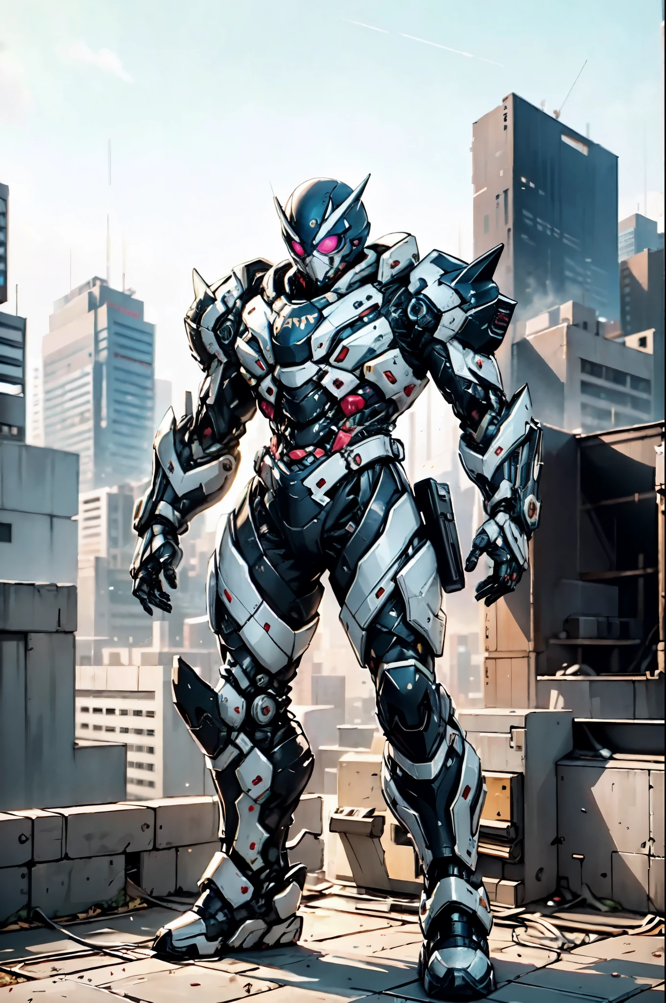 A super a high-tech biotech battle suit, standing on a rooftop, looking over the city, Japanese tokusatsu and American comic style, biometallic texture of the suit, sleek and shiny, dynamic, fast, natural light, cinematic, high quality, high resolution, high detail, sophisticated design, dramatic, high definition, ultra-detailed, ultra-fine painting, extremely delicate, creativity, Natural light, cinematic lighting, best shadow, masterpiece-anatomy-perfect