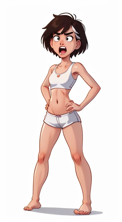 (rizdraws,p3r3zstyle,(white background),(pencil outline sketch),(low detail),(full body view),((small flat bust)),(average body),(female form),(white sports bra, white shorts),(no shoes, barefoot): 1.1), (standing front on) (arms in front) (angry shouting)