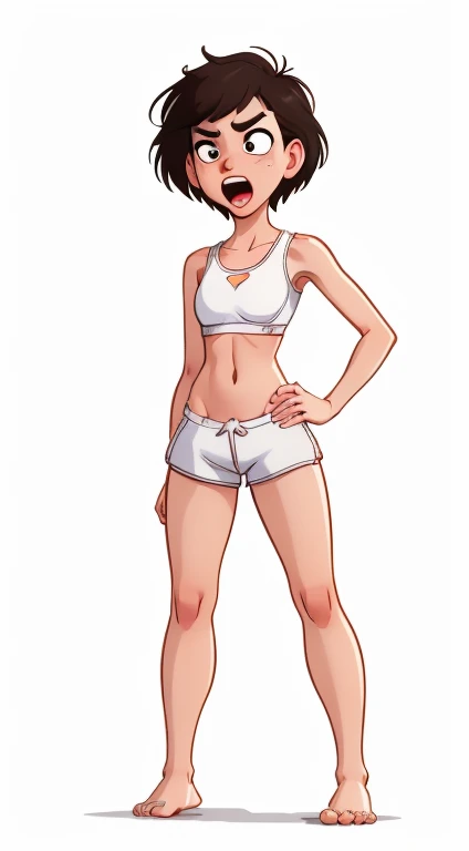 (rizdraws,p3r3zstyle,(white background),(pencil outline sketch),(low detail),(full body view),((small flat bust)),(average body),(female form),(white sports bra, white shorts),(no shoes, barefoot): 1.1), (standing front on) (arms in front) (angry shouting)