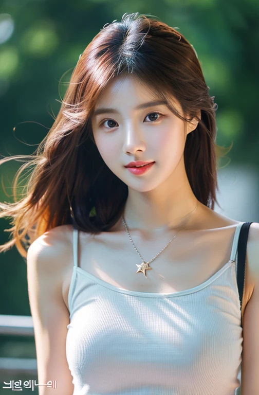 (1 Cute Korean Star) shoulder length hair, light makeup, big chest size, wearing a tank top, clear facial features, 8K high resolution, edgy, realistic detailed.From outside, Eye level shooting, F/4.0, 135mm, FujiFilm, jpeg artiFacts, Dithering, UHD, masterpiece, with my whole body, upper body, correct posture, Future-prooF, facing forward, wearing a tank top, idol, Delicate off-the-shoulder top, standing straight facing forward
