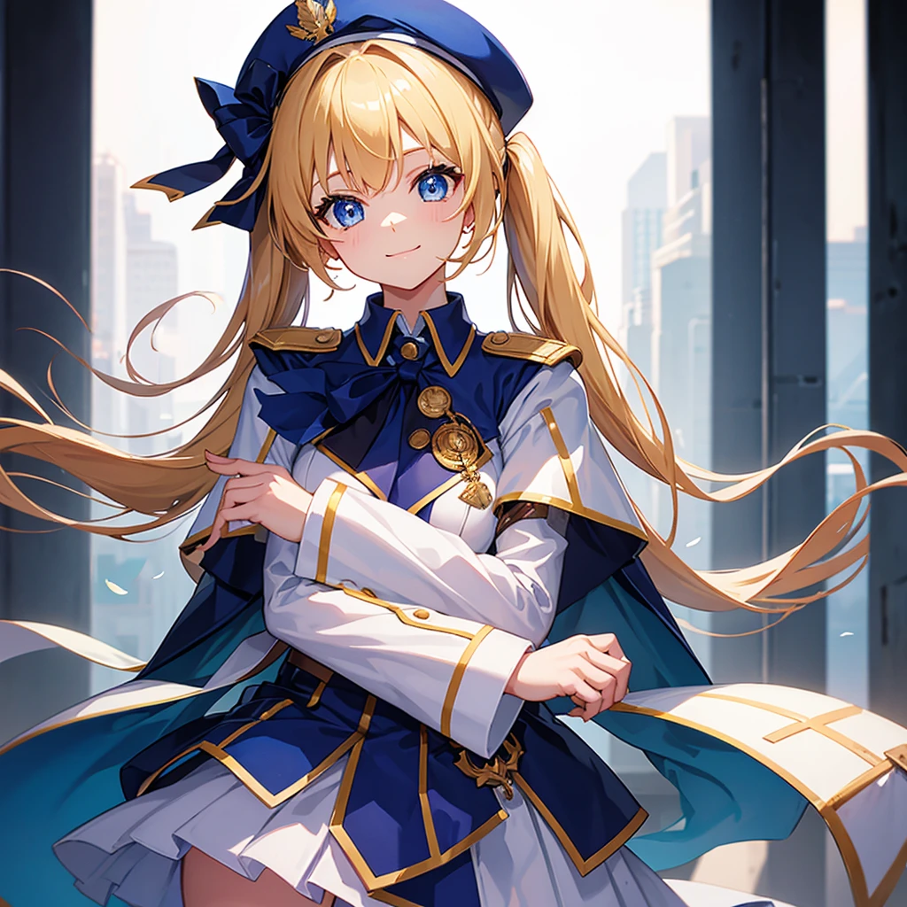highest quality、solo、blonde、twin tails、blue eyes、Upright and immobile、Beautiful girl with arms crossed and smiling heartily、Equipped with steel shoulder pads、uniform、beret、Vega