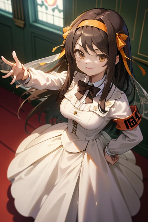 (masterpiece),(highest quality), Haruhi Suzumiya, hair ribbon, hair band, long hair, armband, bridal costume,Wedding dress,bouquet, church,chapel,smile,Standing proud with his hands on his hips, looking at the audience., (From above:1.3)