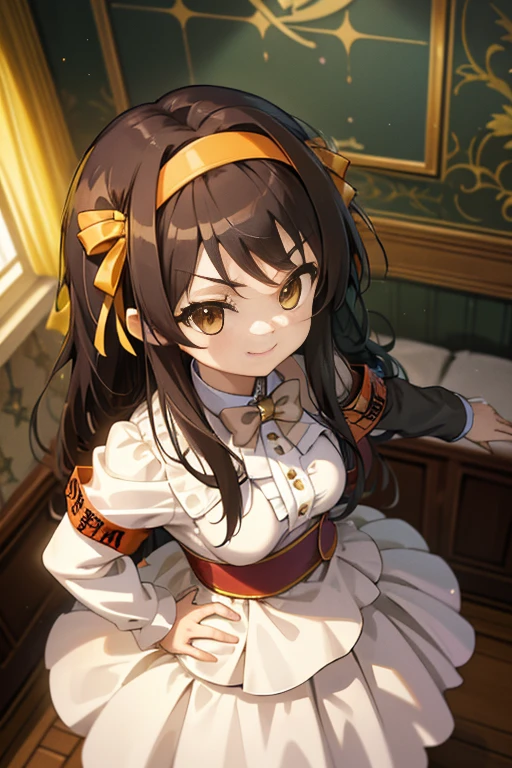 (masterpiece),(highest quality), Haruhi Suzumiya, hair ribbon, hair band, long hair, armband, bridal costume,Wedding dress,bouquet, church,chapel,smile,Standing proud with his hands on his hips, looking at the audience., (From above:1.3)