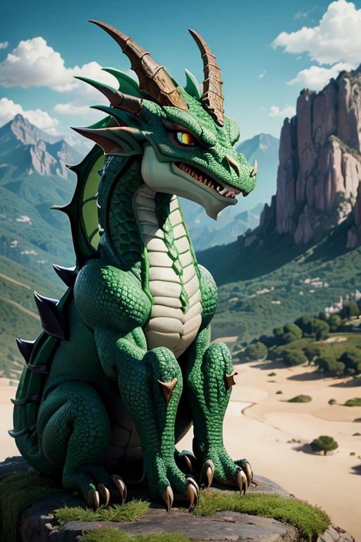 Dragon criatura medieval, color verde y cafe, entorno de rocas, Landscape Mountains.